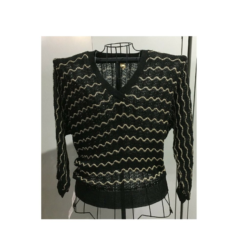 Vintage Holiday Sweater Black & Gold Dressy Pointelle V-Neck 1980's USA